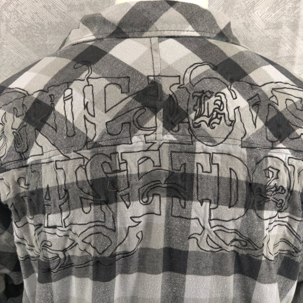 True Love False Idols Shirt Men 3XL Gray Plaid Flannel Shacket Lined Embroidered - Picture 7 of 16